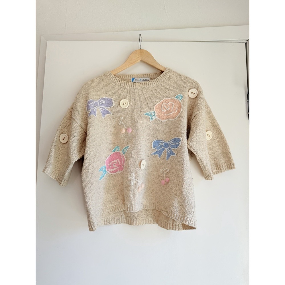 Chaus Sweater Beige Silk Cotton Blend Cottagecore Granny Shoulder Pads Vintage